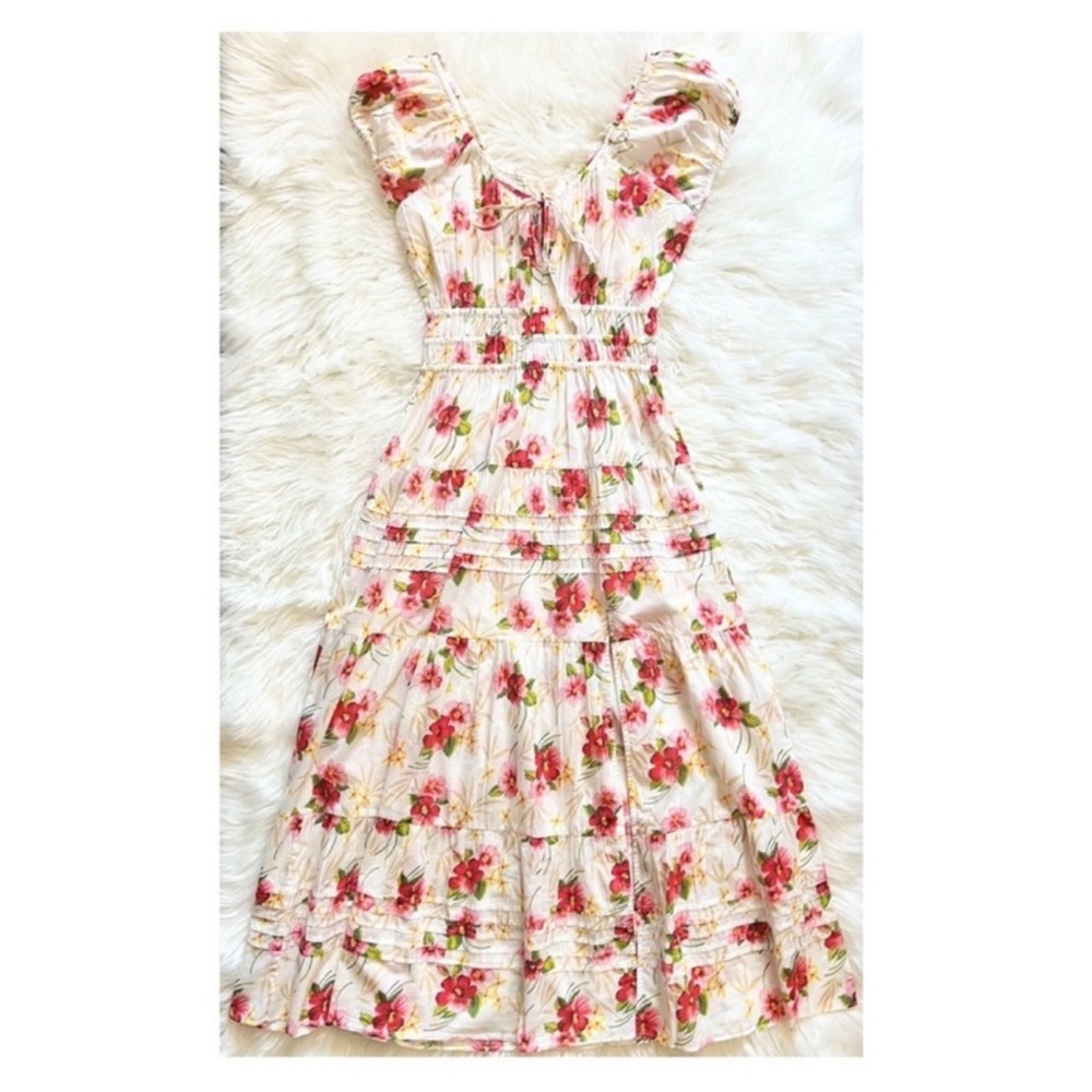New! LoveShackFancy Magdalene Floral Ruffle Cotton Midi Dress in Pink Hibiscus - Picture 10 of 16